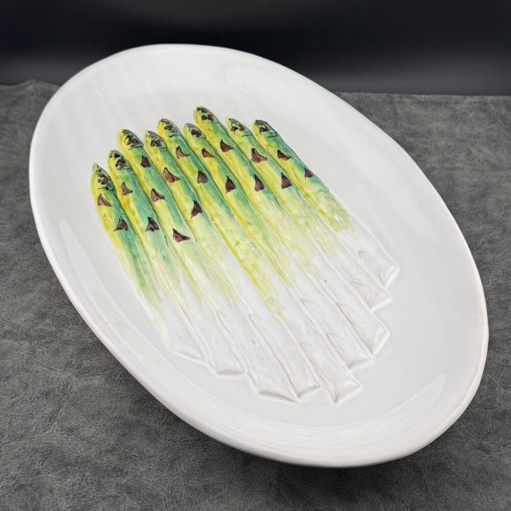 Hand-painted Pottery Oval Asparagus Serving Dish Plate White Green 13" Italy